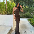 Halter Backless Floral Applique Fashion Gown Midi Dress
