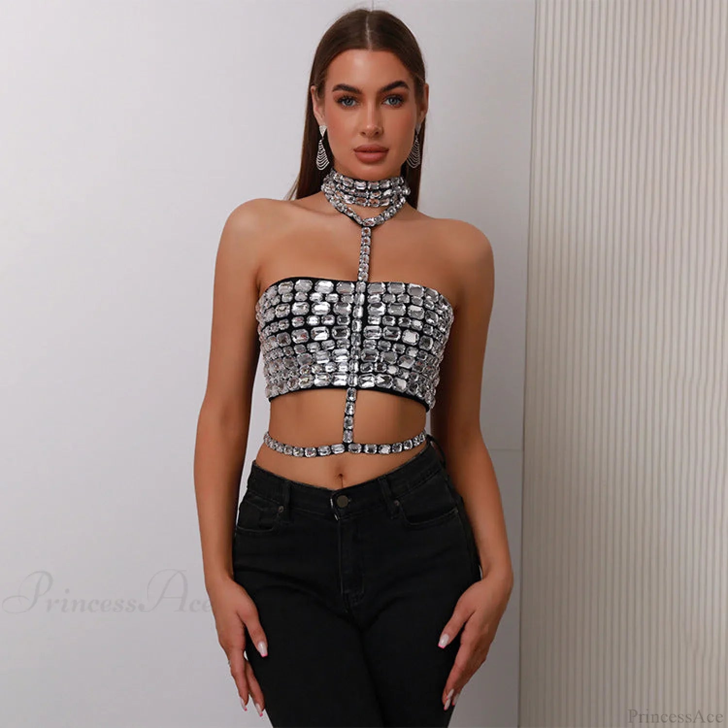 Halter Beaded Lace-Up Bandage Crop Prom Dress