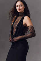 Halter Lace Paneled Deep V Ruched Evening Dress
