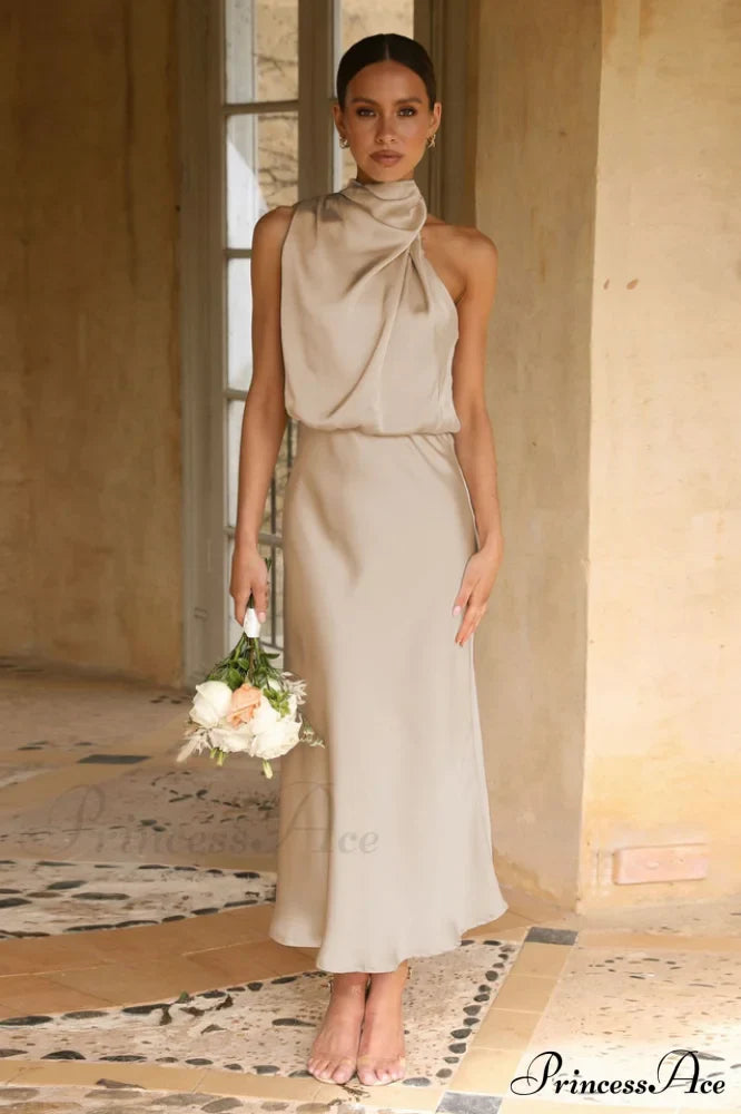 Halter Sleeveless Satin Bridesmaid Dress