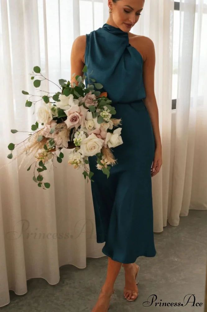 Halter Sleeveless Satin Bridesmaid Dress