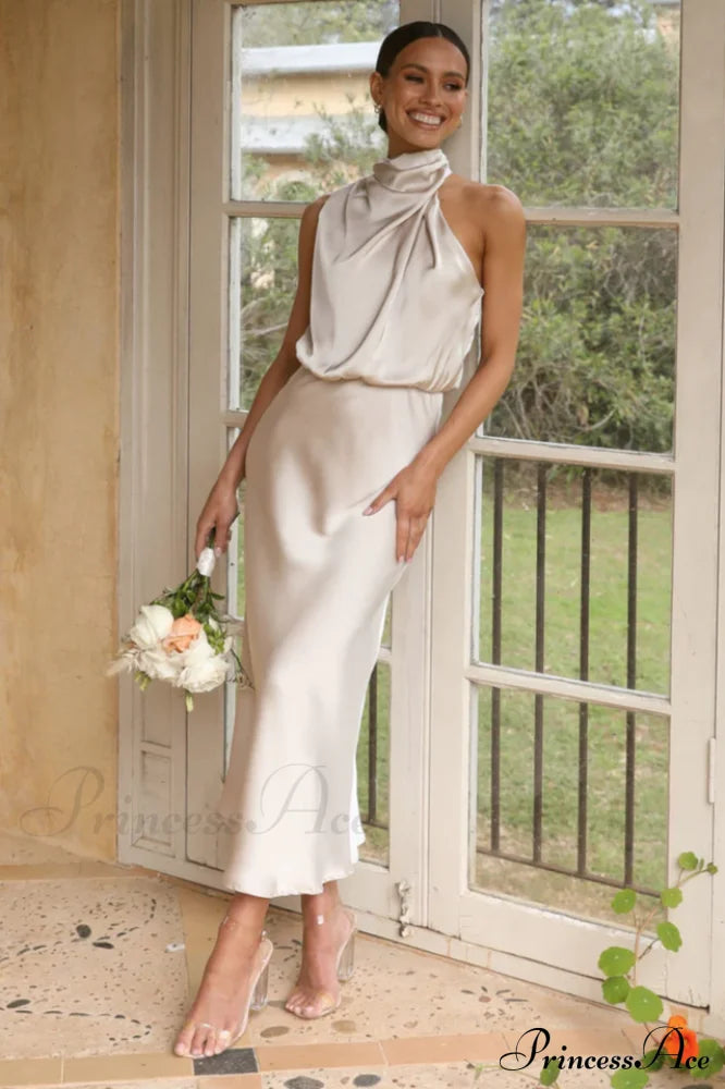 Halter Sleeveless Satin Bridesmaid Dress