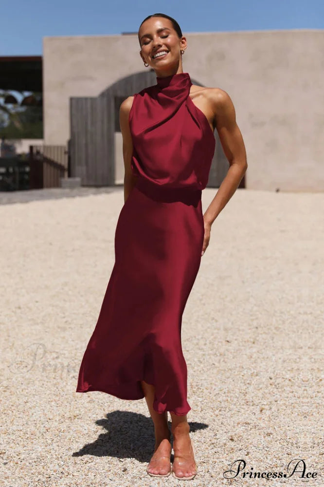 Halter Sleeveless Satin Bridesmaid Dress