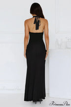 Halter V Neck Slit Slim Long Fitted Party Dress