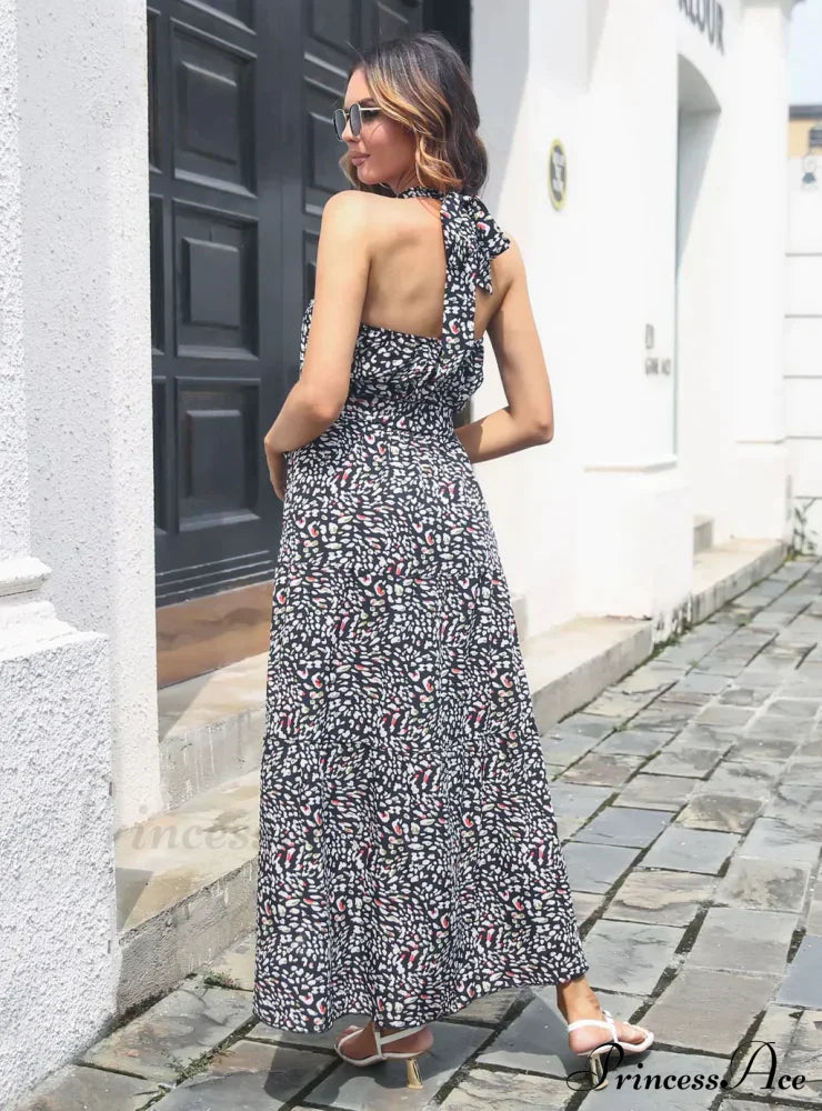 Halter with Gown Design Long Belt Leopard Neck
