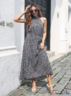 Halter with Gown Design Long Belt Leopard Neck