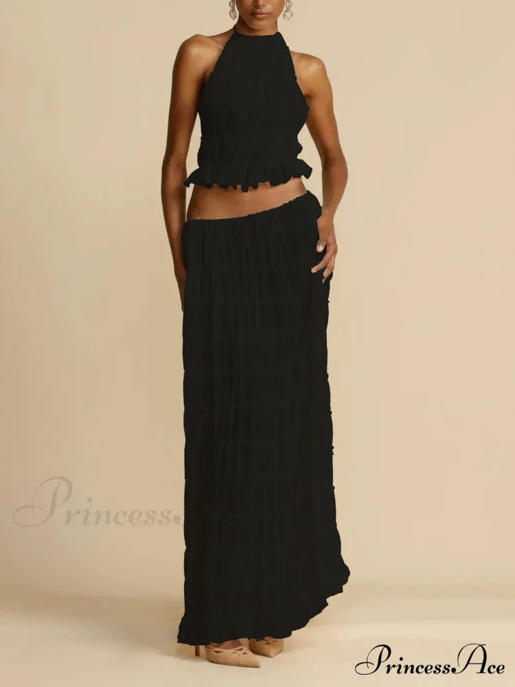 Halterneck Ruched Open Back Tie Trendy Up Top And Maxi Skirt Set