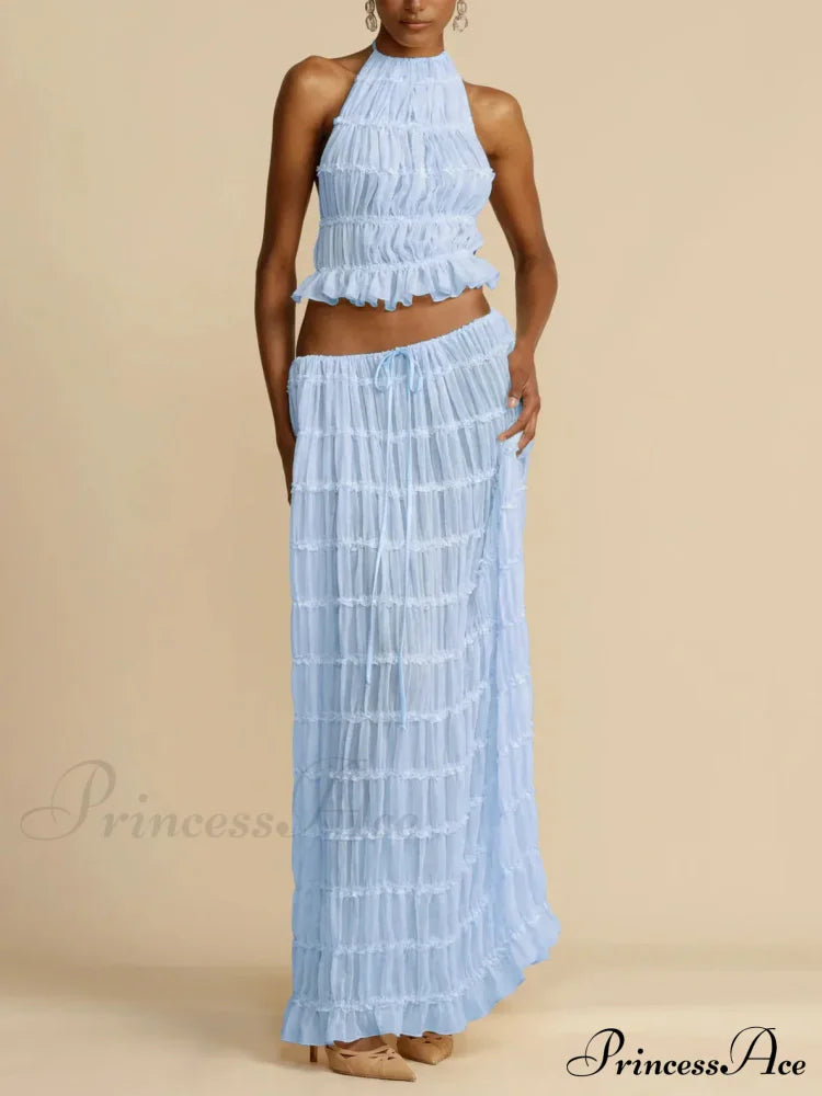 Halterneck Ruched Open Back Tie Trendy Up Top And Maxi Skirt Set