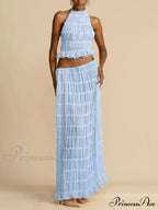 Halterneck Ruched Open Back Tie Trendy Up Top And Maxi Skirt Set
