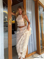 Halterneck Ruched Open Back Tie Trendy Up Top And Maxi Skirt Set