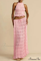 Halterneck Ruched Open Back Tie Trendy Up Top And Maxi Skirt Set