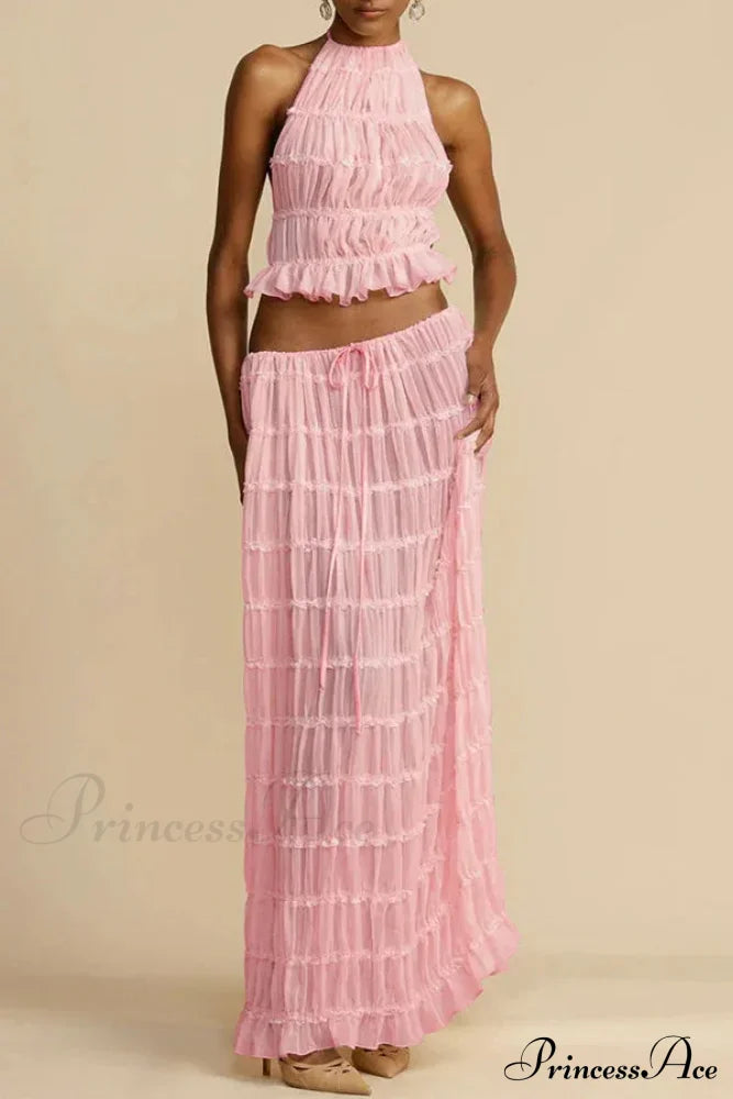 Halterneck Ruched Open Back Tie Trendy Up Top And Maxi Skirt Set