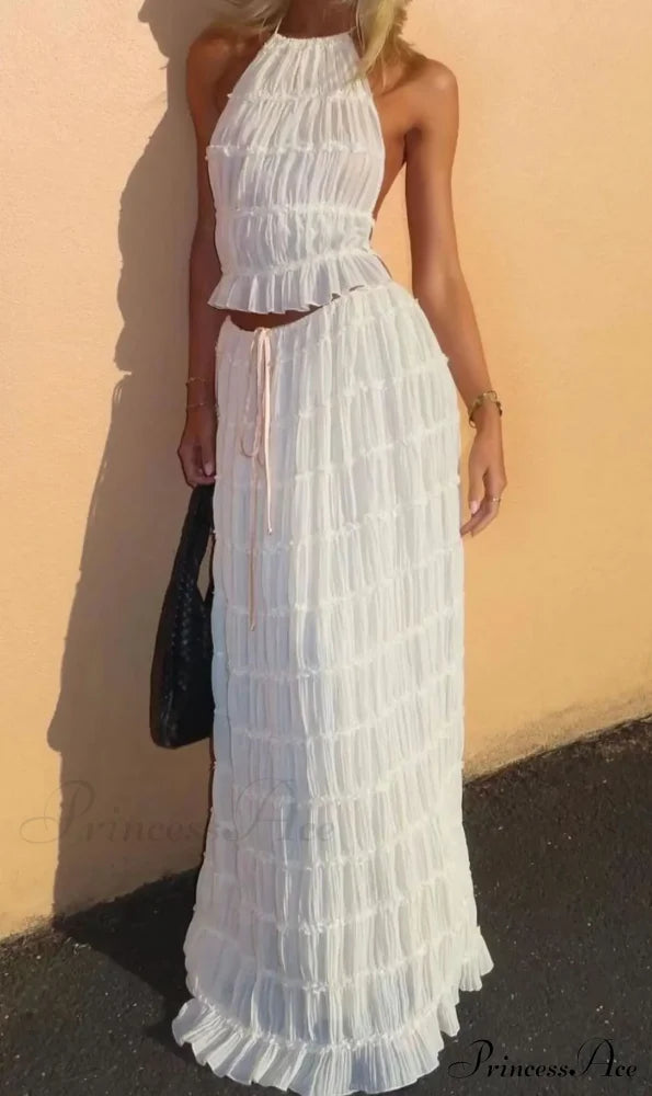 Halterneck Ruched Open Back Tie Trendy Up Top And Maxi Skirt Set
