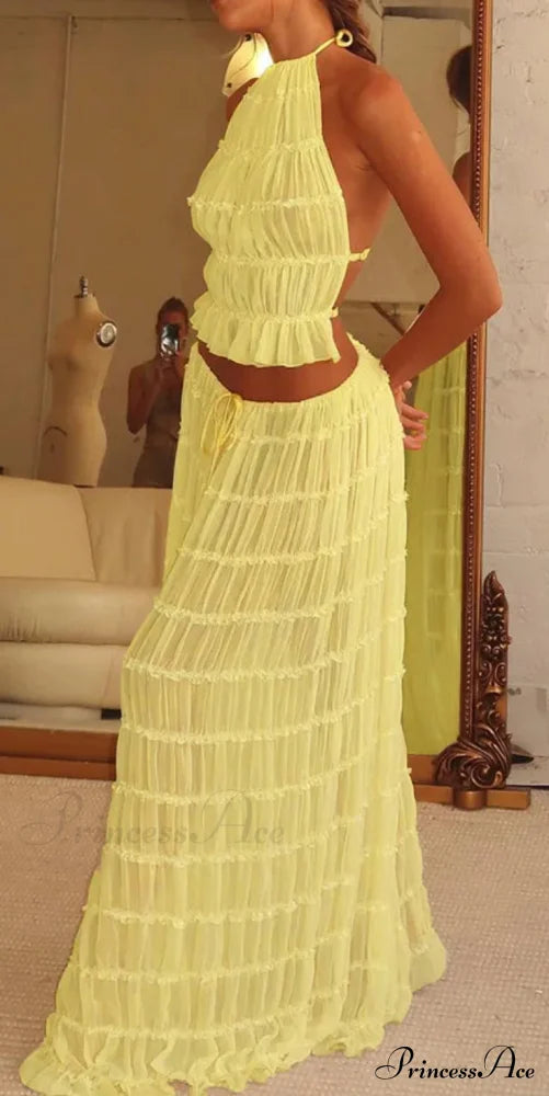 Halterneck Ruched Open Back Tie Trendy Up Top And Maxi Skirt Set