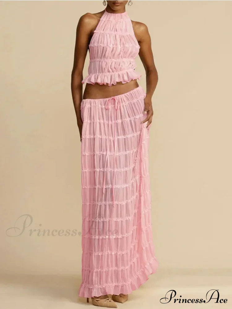 Halterneck Ruched Open Back Tie Trendy Up Top And Maxi Skirt Set