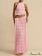 Halterneck Ruched Open Back Tie Trendy Up Top And Maxi Skirt Set