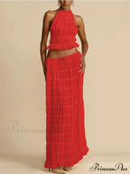 Halterneck Ruched Open Back Tie Trendy Up Top And Maxi Skirt Set