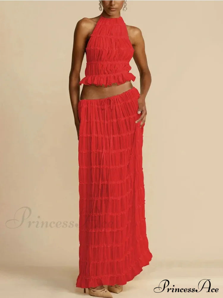 Halterneck Ruched Open Back Tie Trendy Up Top And Maxi Skirt Set
