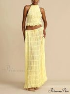 Halterneck Ruched Open Back Tie Trendy Up Top And Maxi Skirt Set