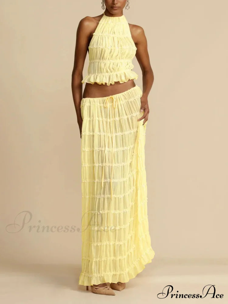 Halterneck Ruched Open Back Tie Trendy Up Top And Maxi Skirt Set