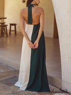 Hanging Neck Bold Contrast Color Trendy Halter Pocketed A-Line Maxi Dress