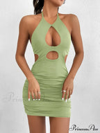 Hanging Neck Lace up Bodycon Mini Sleeveless Hollow Backless Slim Fit Wrap Hip Cut Out Dress