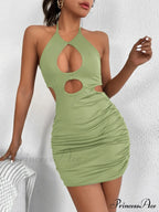 Hanging Neck Lace up Bodycon Mini Sleeveless Hollow Backless Slim Fit Wrap Hip Cut Out Dress