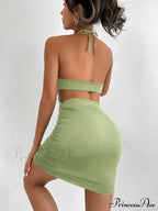 Hanging Neck Lace up Bodycon Mini Sleeveless Hollow Backless Slim Fit Wrap Hip Cut Out Dress