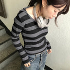 Harajuku Stripe Hooded Slim Contrast Color Long Sleeve Knit Top