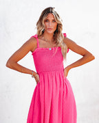 Hazelle Smocked Swiss Dot Maxi Dress Fuchsia