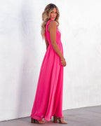 Hazelle Smocked Swiss Dot Maxi Dress Fuchsia