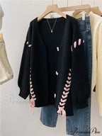 Heart Buttons Ribbion Charming Lace Up Cardigan