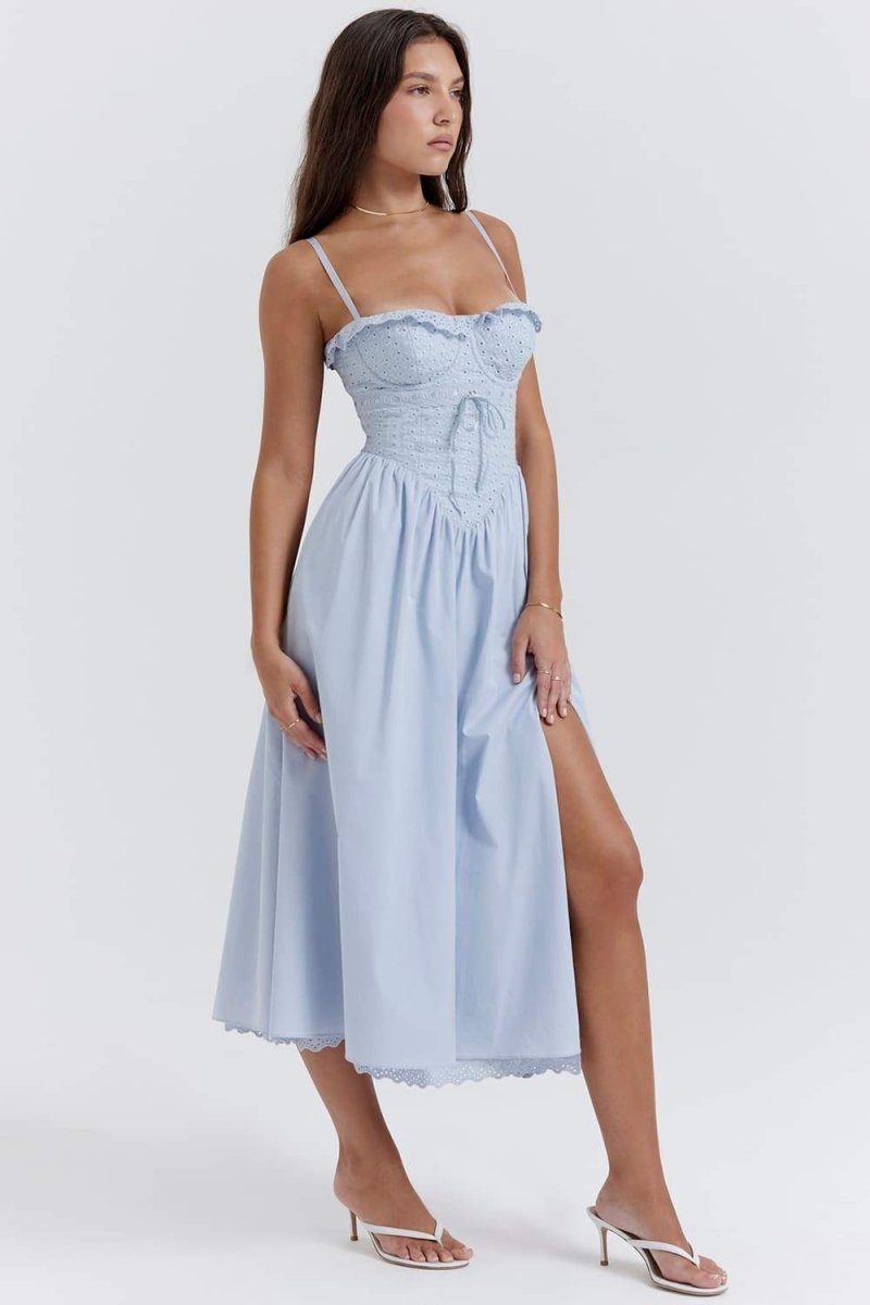 Clara Elevated Embroidered Lace Corset Style Midi Dress Premium Wardrobe Essential