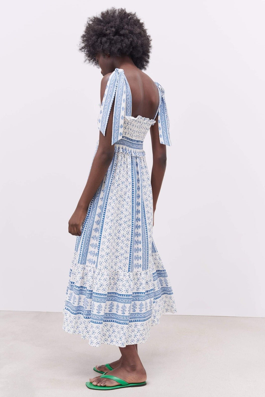 Leonor Effortless Printed Midi Dress with Gathered Straps Elevated Occasion Wear