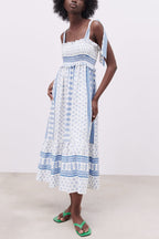 Leonor Effortless Printed Midi Dress with Gathered Straps Elevated Occasion Wear
