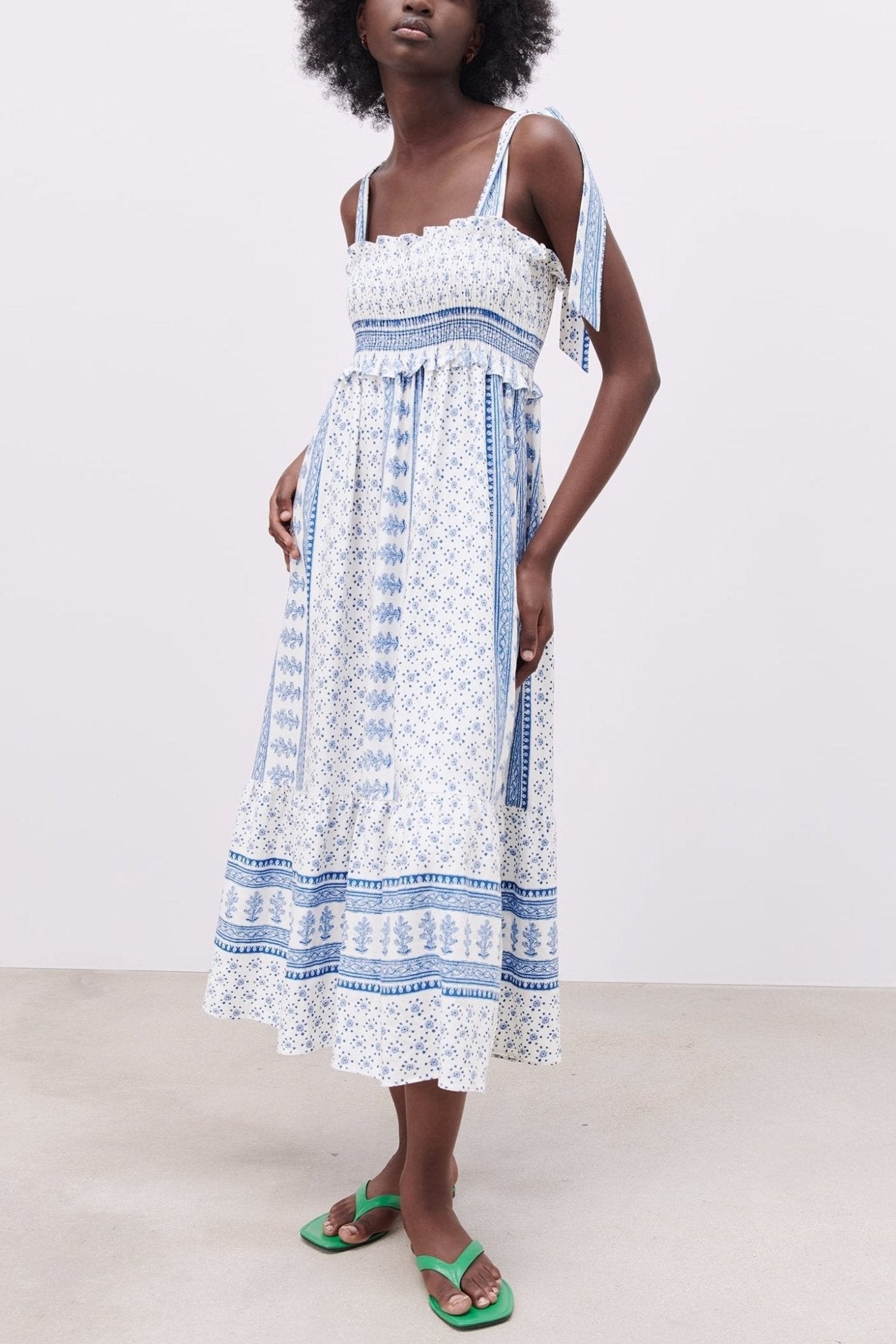 Leonor Effortless Printed Midi Dress with Gathered Straps Elevated Occasion Wear