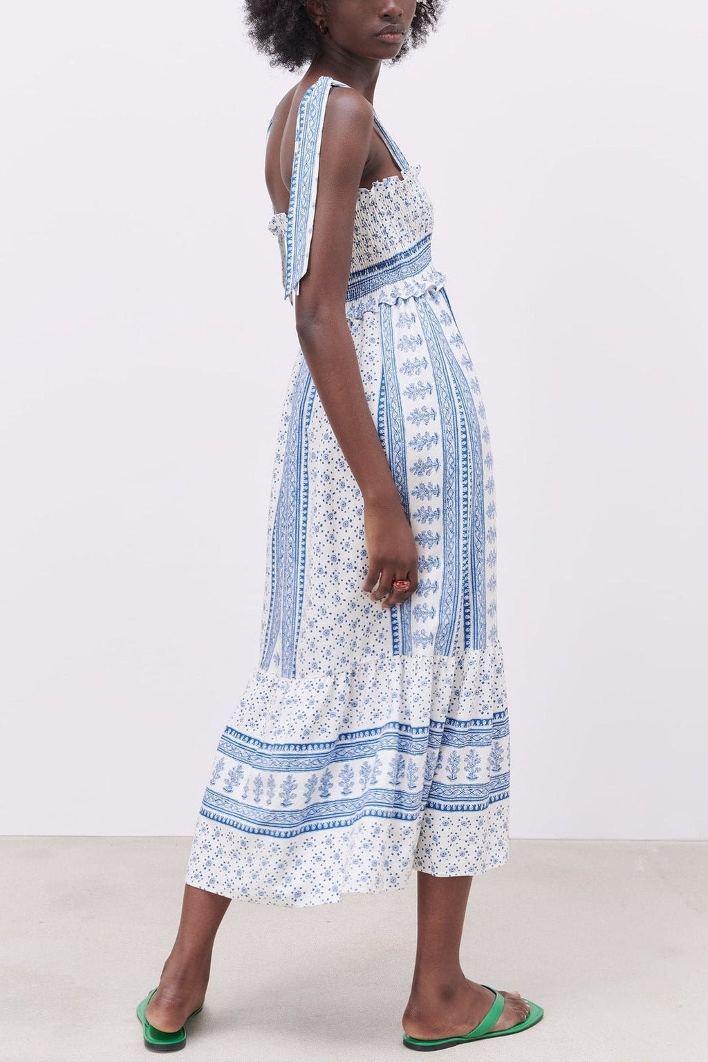 Leonor Effortless Printed Midi Dress with Gathered Straps Elevated Occasion Wear