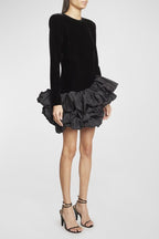 Hermosa Ruffle Asymmetric Hem Mini Velvet Dress