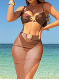 High Cut Brazilian Bikini with Mesh Skirt Three Piece Swimsuit