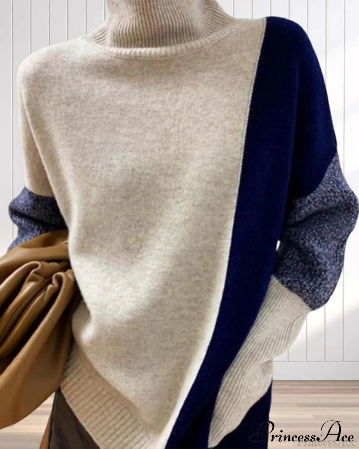 High Neck Loose Oversized Color Block Wool Sweater