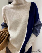 High Neck Loose Oversized Color Block Wool Sweater