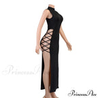 High Neck Sleeveless Charming Side Tie-Up Midi Dress