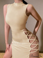 High Neck Sleeveless Charming Side Tie-Up Midi Dress