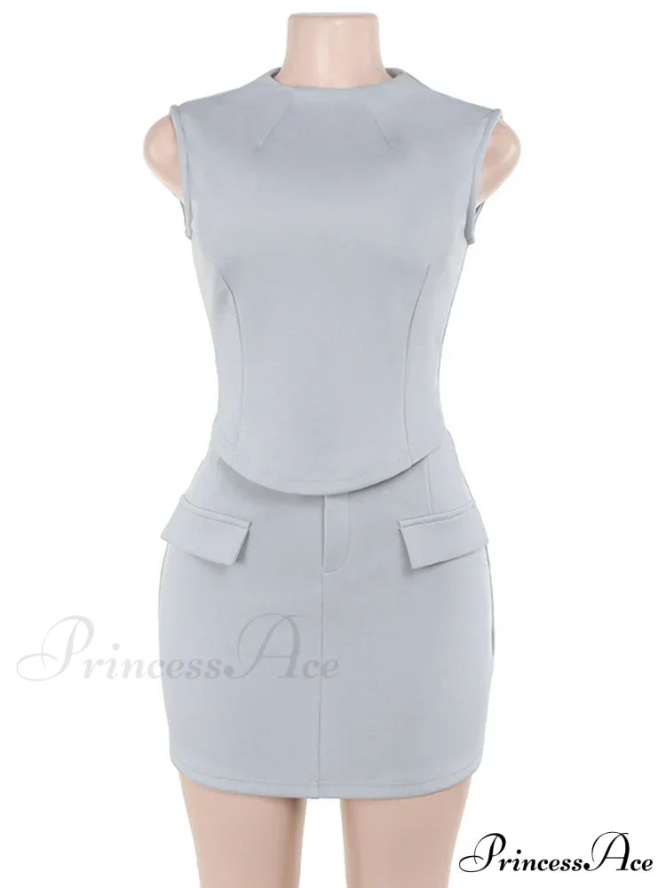 High Neck Solid Top Graceful And Bodycon Mini Skirt Set
