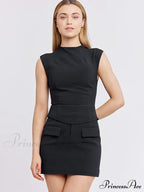 High Neck Solid Top Graceful And Bodycon Mini Skirt Set