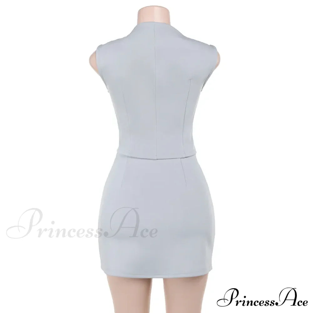 High Neck Solid Top Graceful And Bodycon Mini Skirt Set