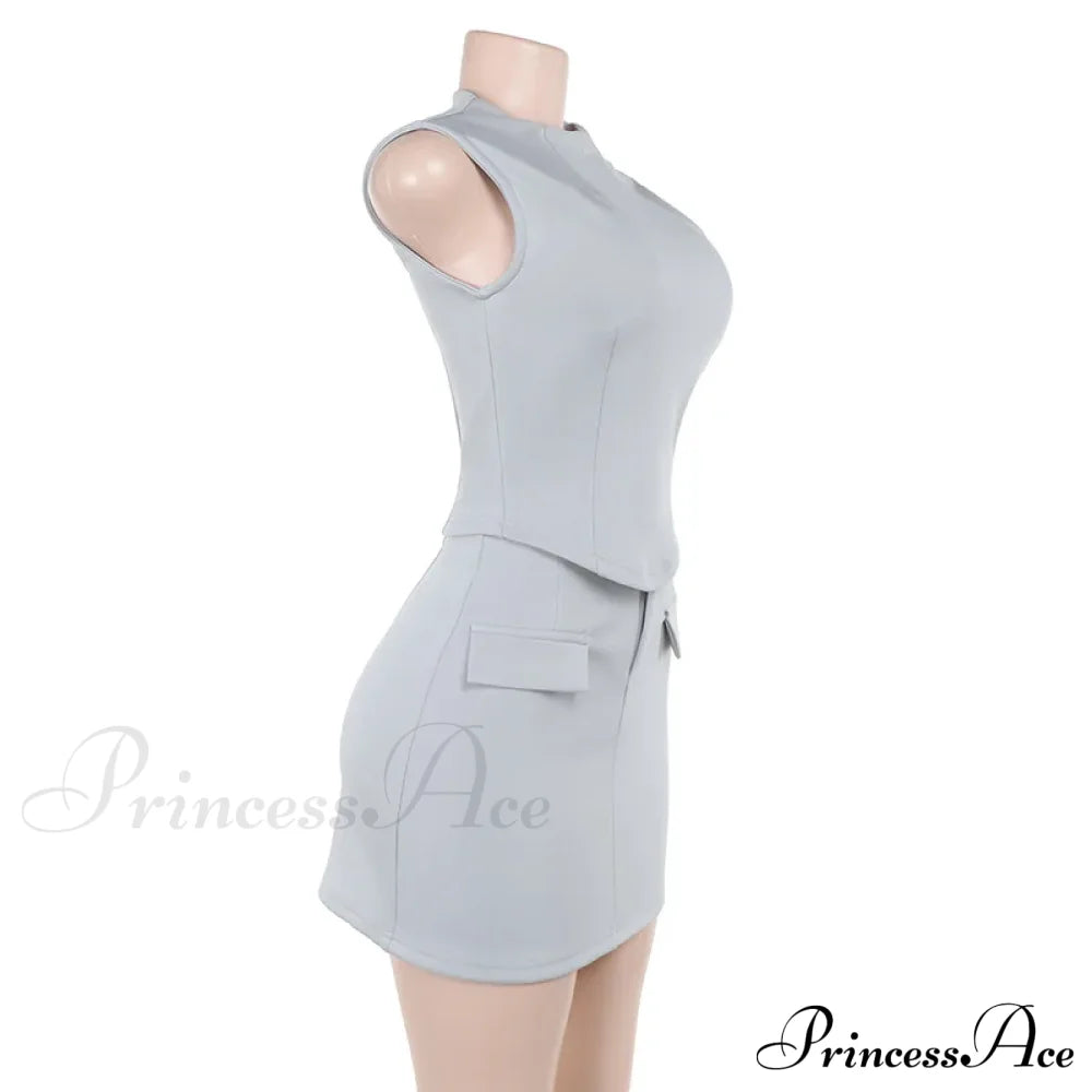 High Neck Solid Top Graceful And Bodycon Mini Skirt Set