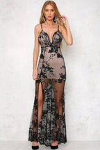 High Slit Deep V Neck Spaghetti Strap Sequin Evening Maxi Dress - Black
