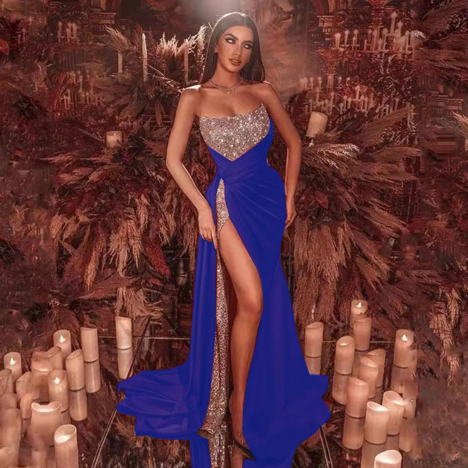 High Slit Floral Sequin Prom Dress