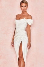 High Split Ruched Off Shoulder Satin Midi Corset Dress - White